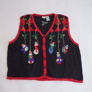 VTG White Stag Black Holiday Elf Ornament Knit Cotton Sweater Vest Xmas 26W
